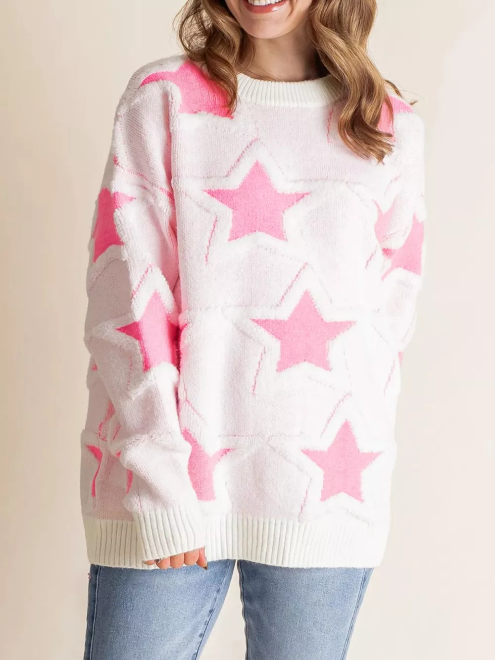 Oversized Star Pattern Ribbed Edge Drop Shoulder Sweater