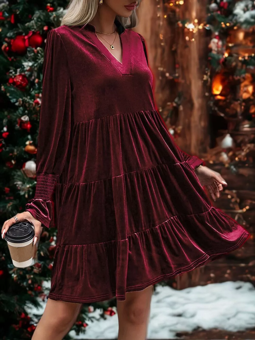 Velvet Tiered Notched Mini Dress, image 8