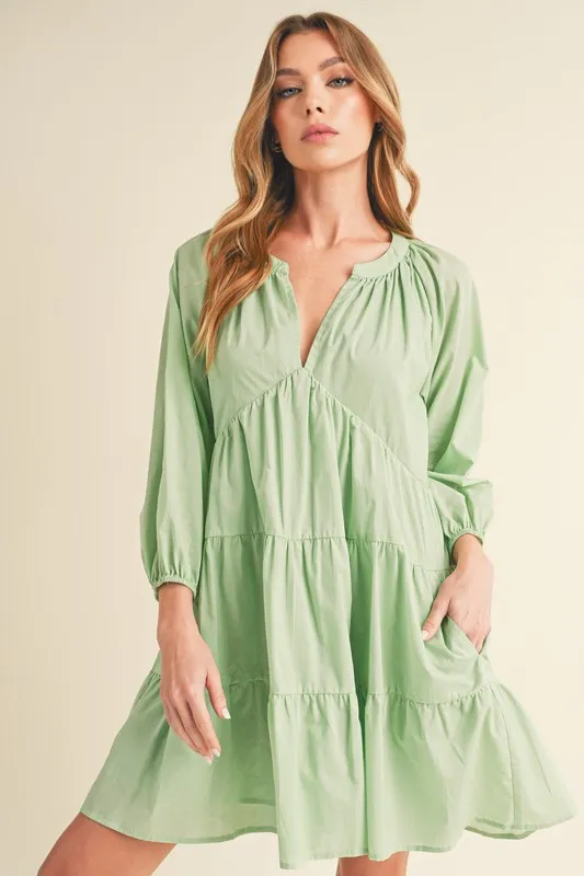 Notched Balloon Sleeve Tiered Mini Dress