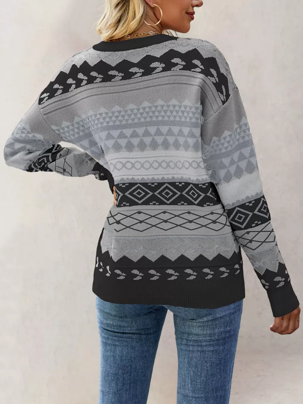 Geometric Pattern Round Neck Sweater, image 9