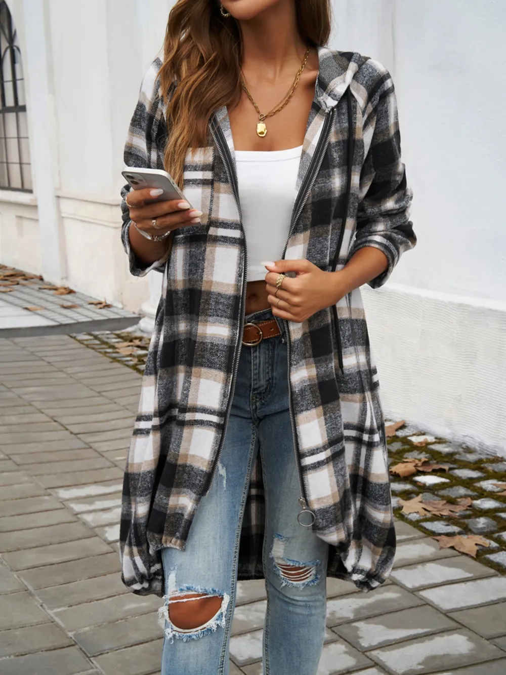Plaid Zip Up Hooded Coat, image 21