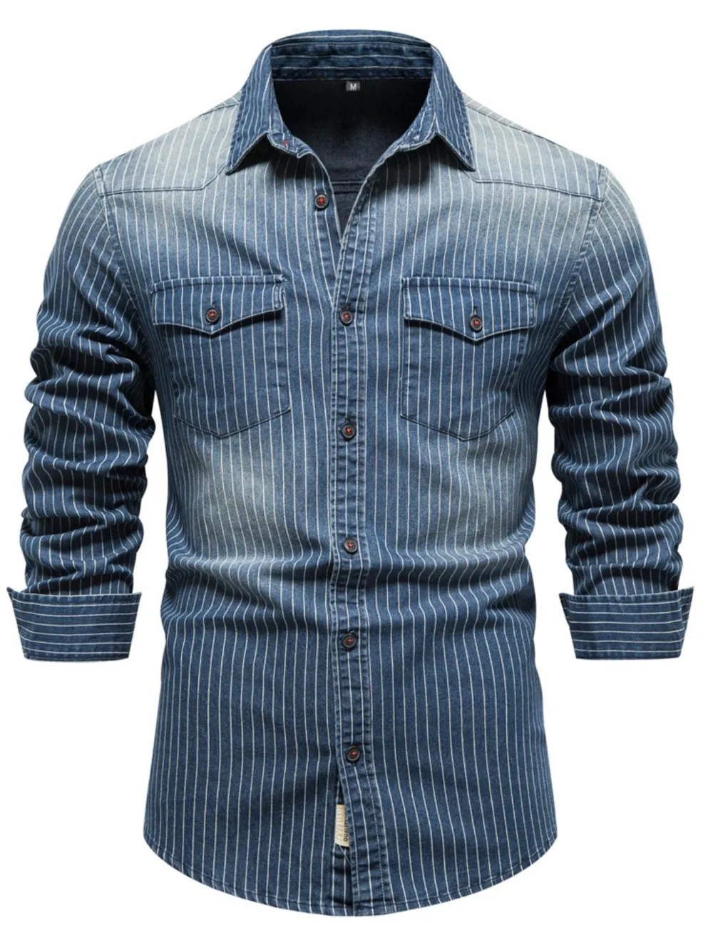 Men's Striped Collared Neck Button Down Denim Shirt, image 3