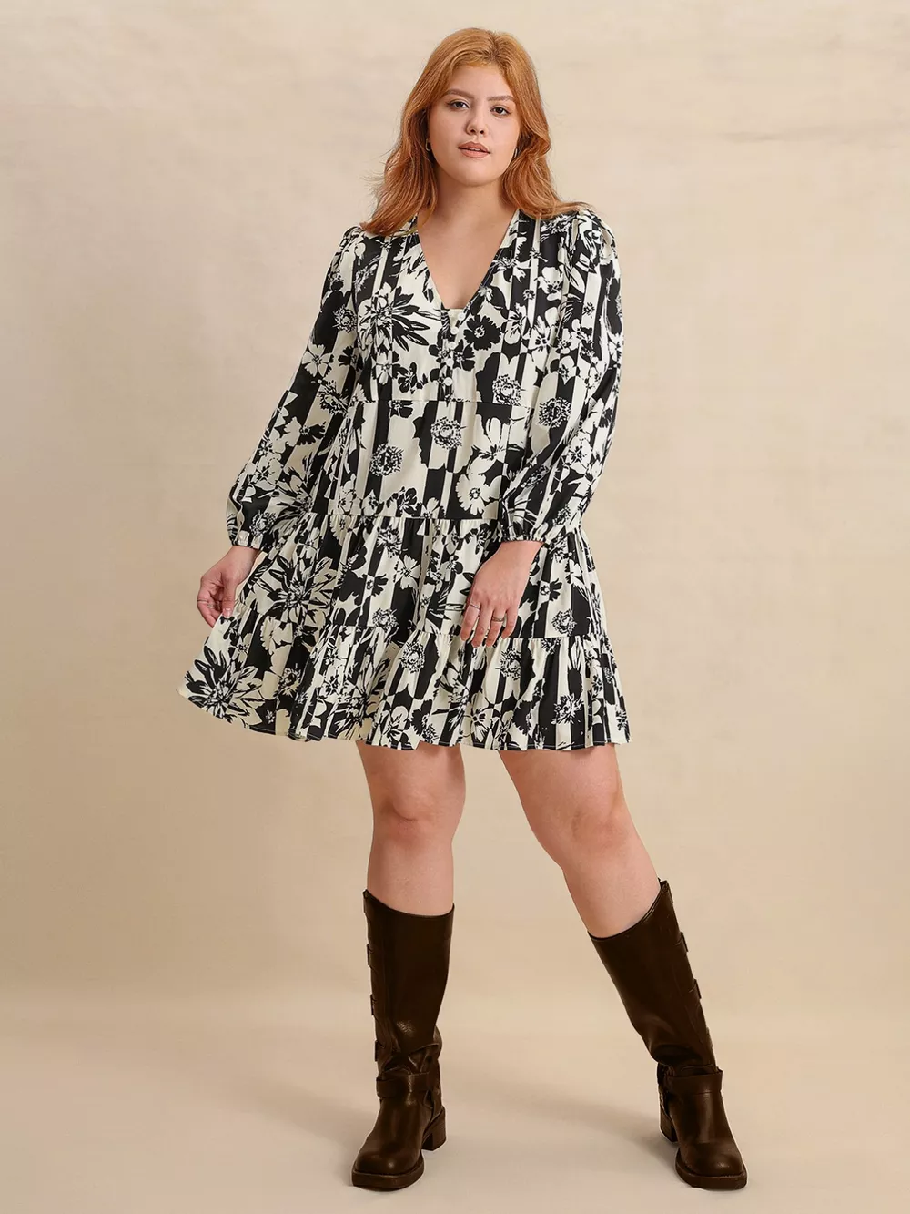 Plus Size Printed V-Neck Long Sleeve Mini Dress, image 6