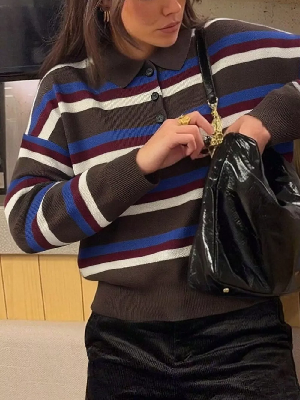 Striped Polo Collar Knit Sweater, image 9