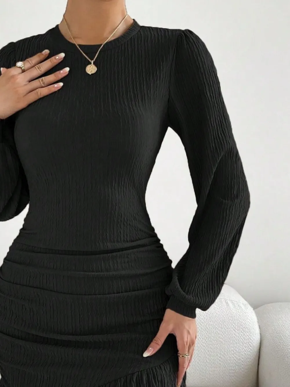 Ruffled Round Neck Long Sleeve Mini Dress, image 9