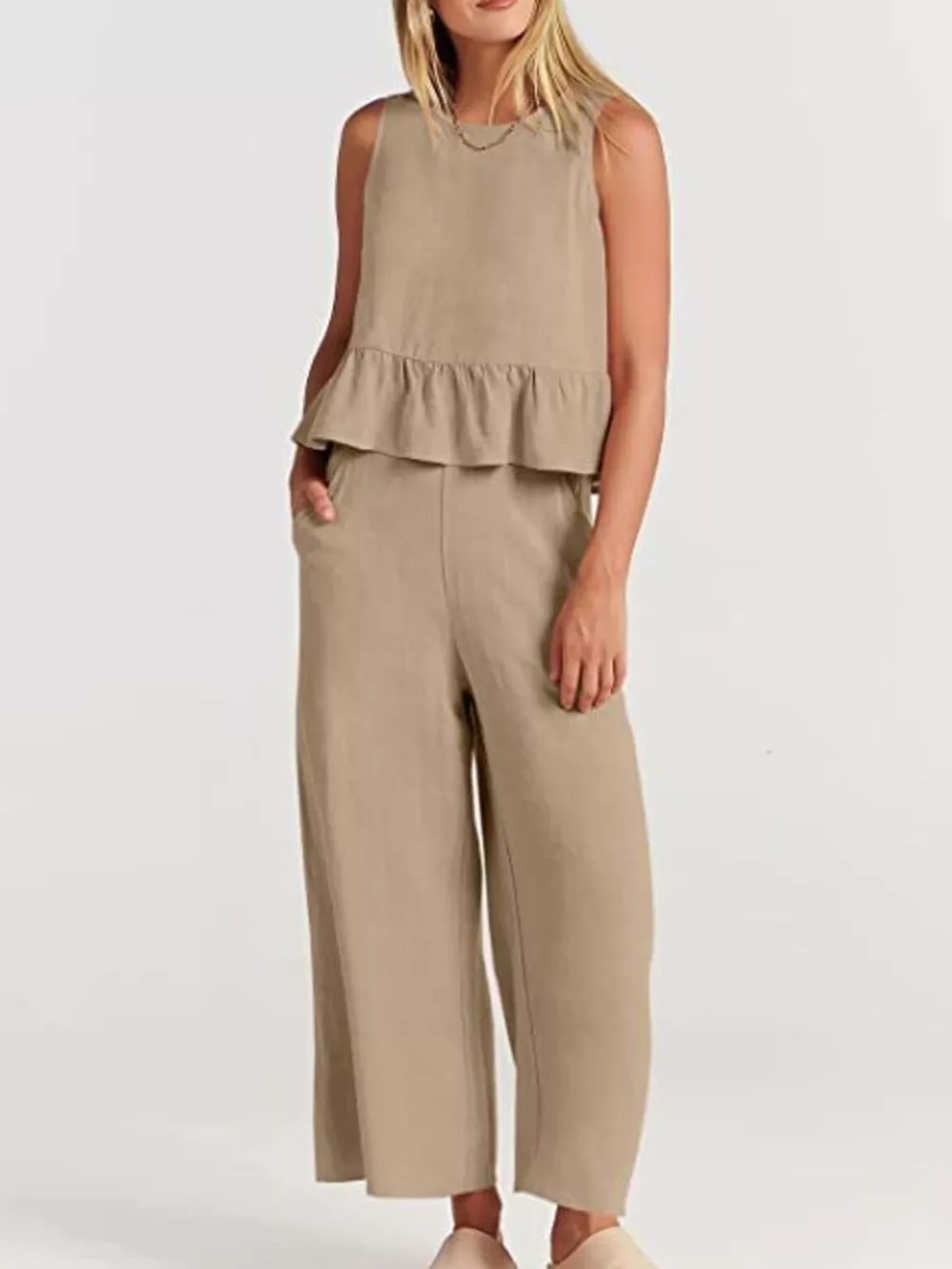 Full Size Ruffled Hem Sleeveless Top and Wide-Leg Pants Set Plus Size, image 18