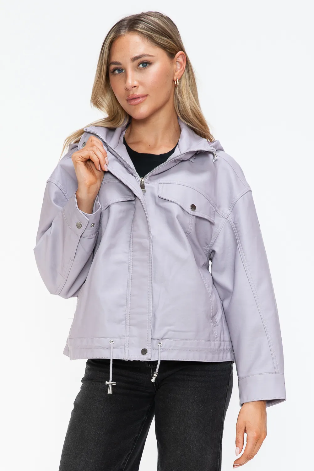 Drawstring Hem PU Leather Zip Up Jacket, image 3