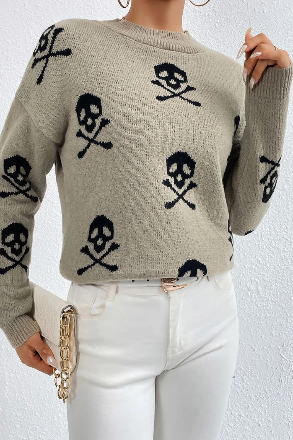 Graphic Mock Neck Dropped Shoulder Sweater, image 9