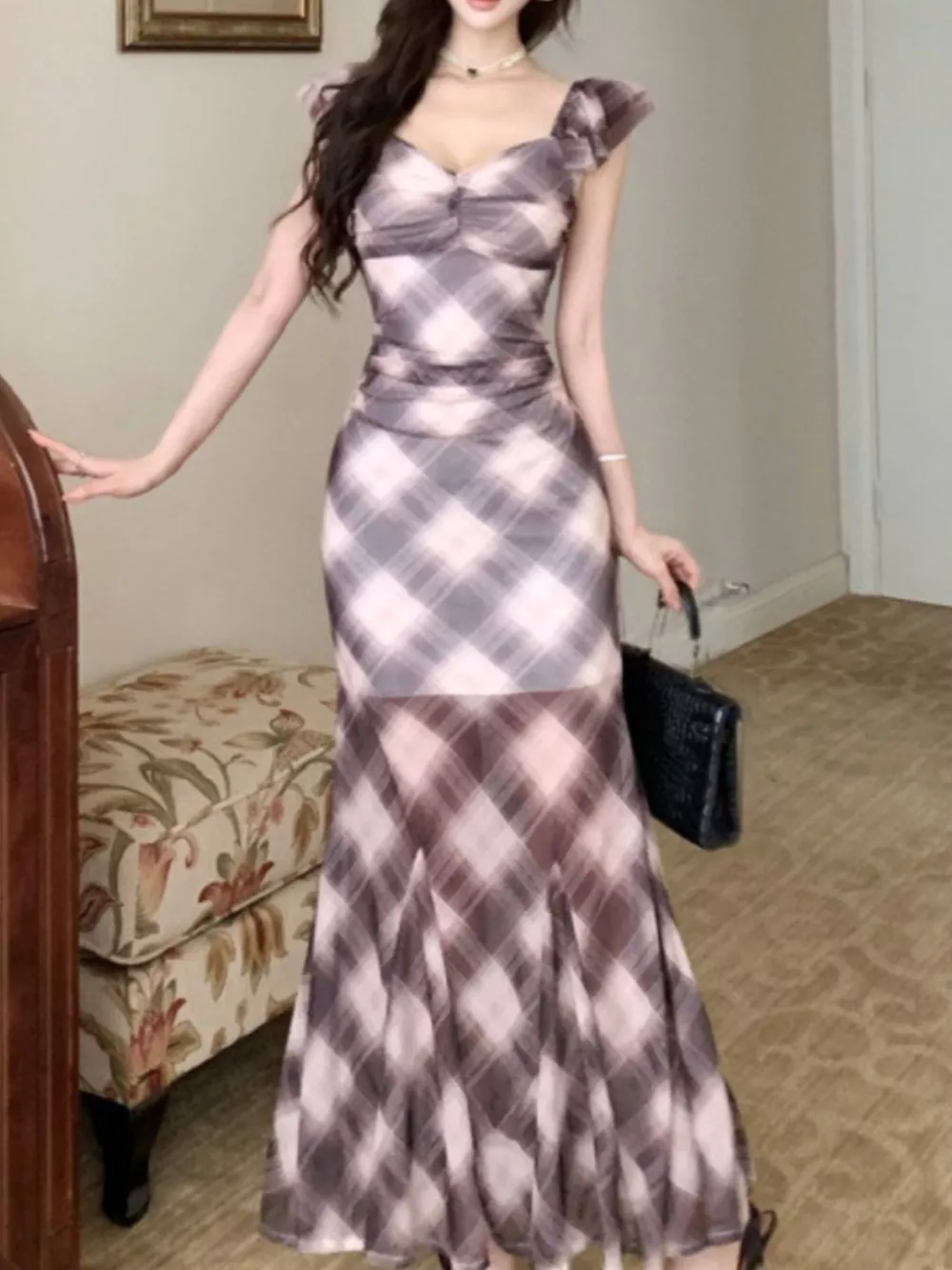 Plaid Ruffle Cap Sleeve Bodycon Maxi Dress, image 8