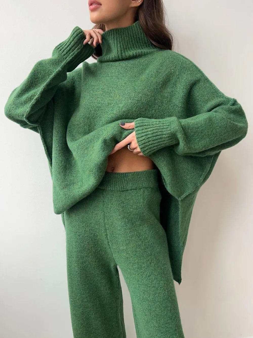 Slit Turtleneck Long Sleeve Top and Pants Sweater Set, image 14