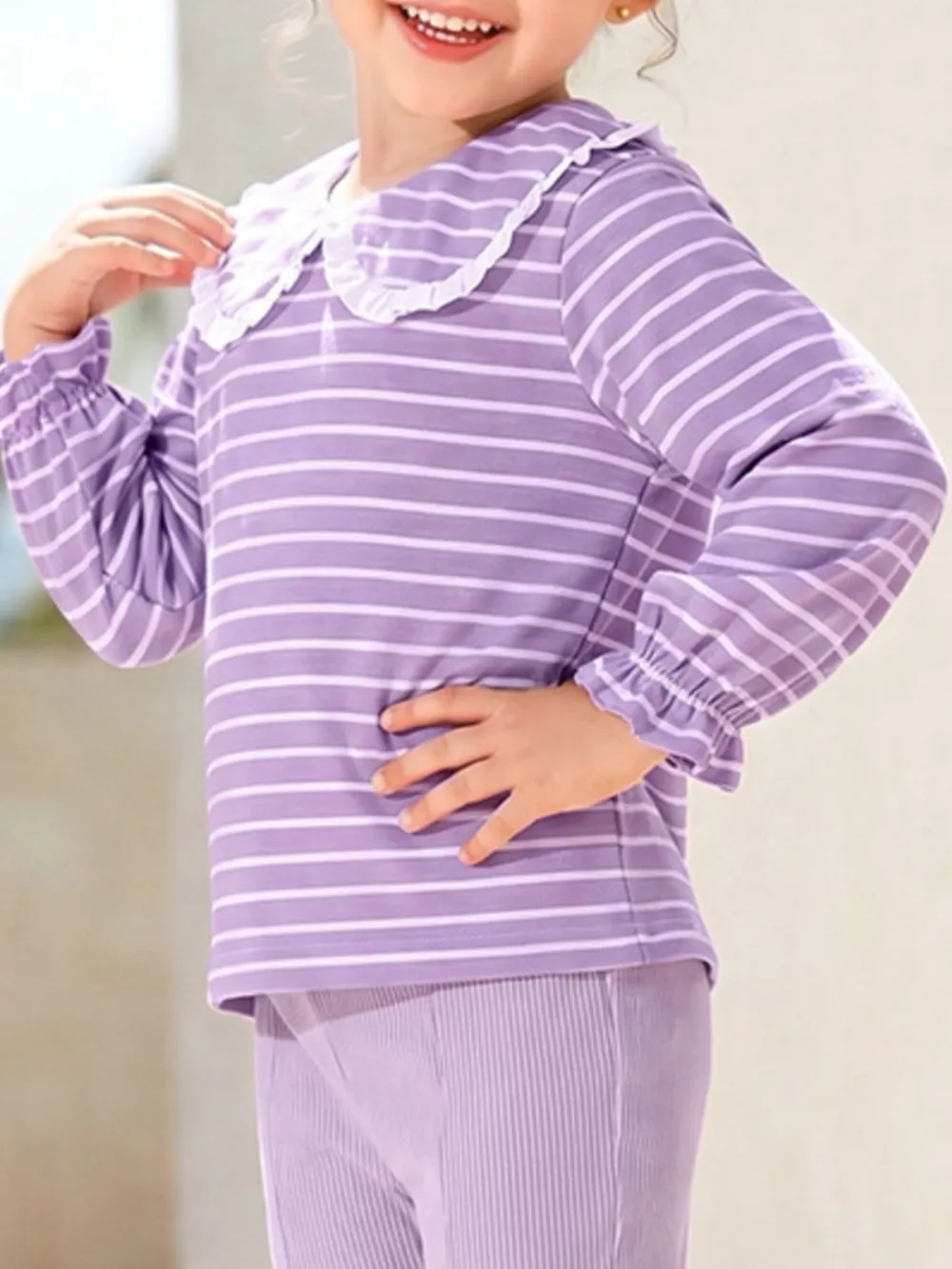 Children's Striped Peter Pan Collar Top and Flared Pants Set, image 3