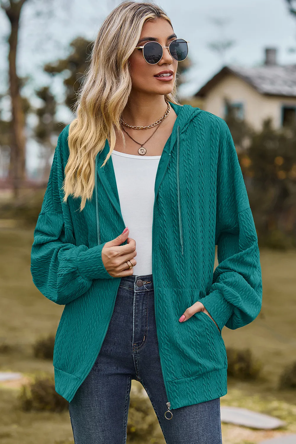 Drawstring Zip Up Dropped Shoulder Hoodie, image 4