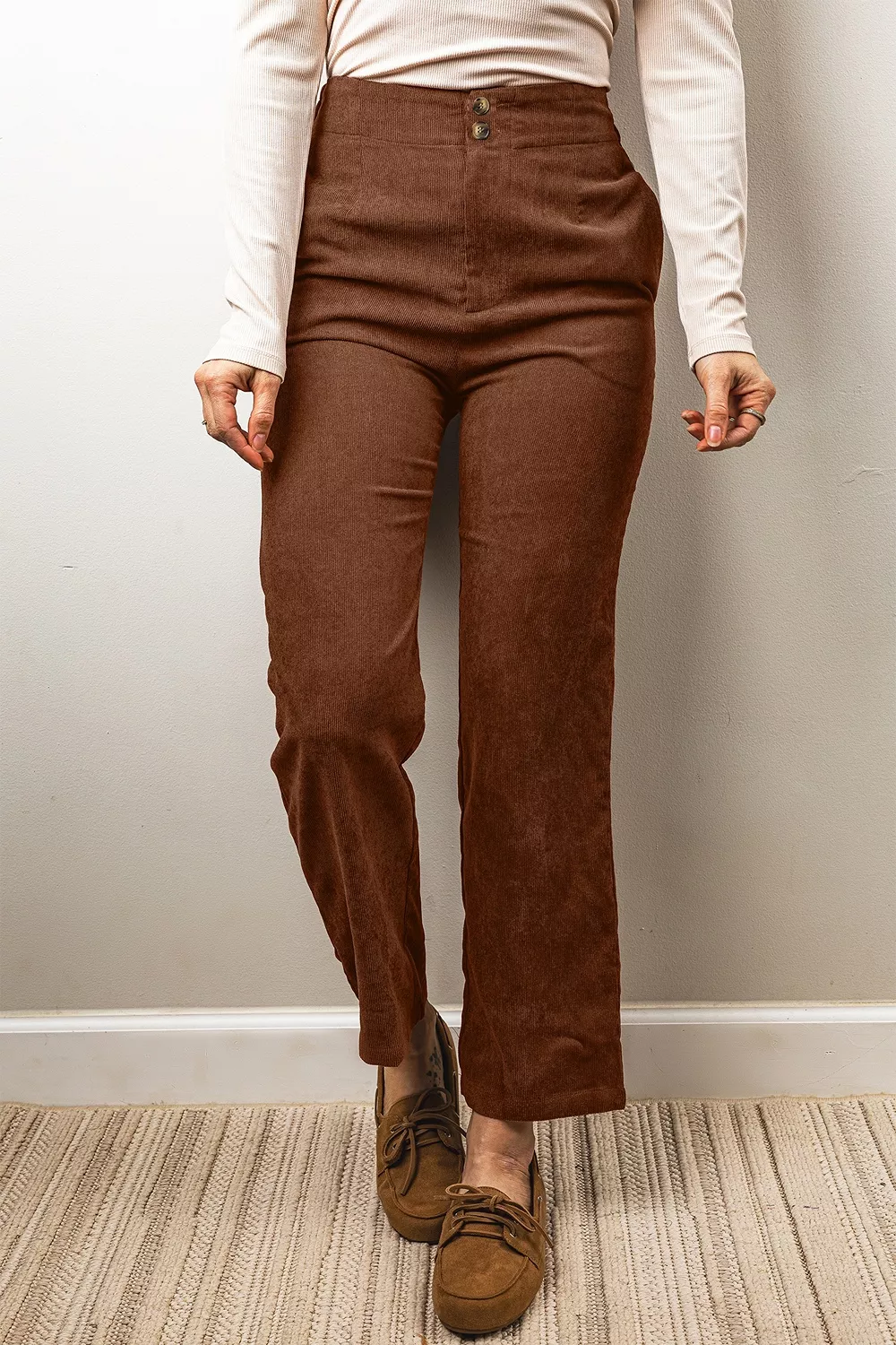 Elastic Waist Straight Leg Ankle Length Corduroy Pants, image 5