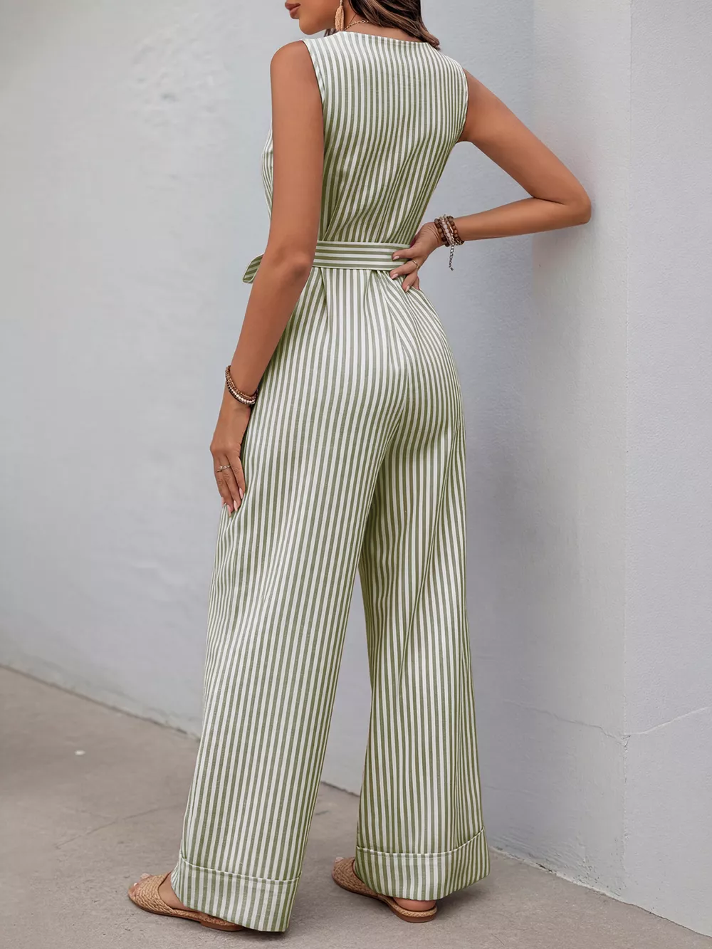Striped Button-Front Tie Waist Wide Leg Jumpsuit, image 9