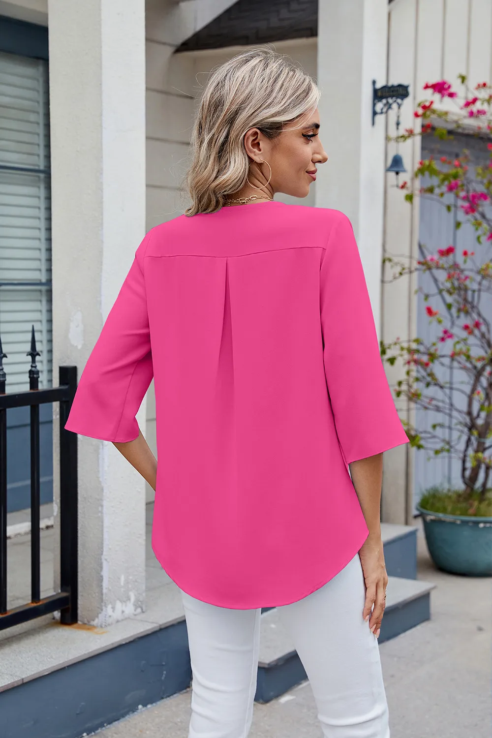 Ruffled V-Neck Three-Quarter Sleeve Blouse, image 13