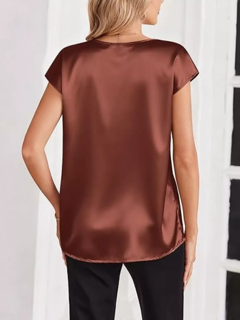 Satin V-Neck Short Sleeve Blouse, image 10