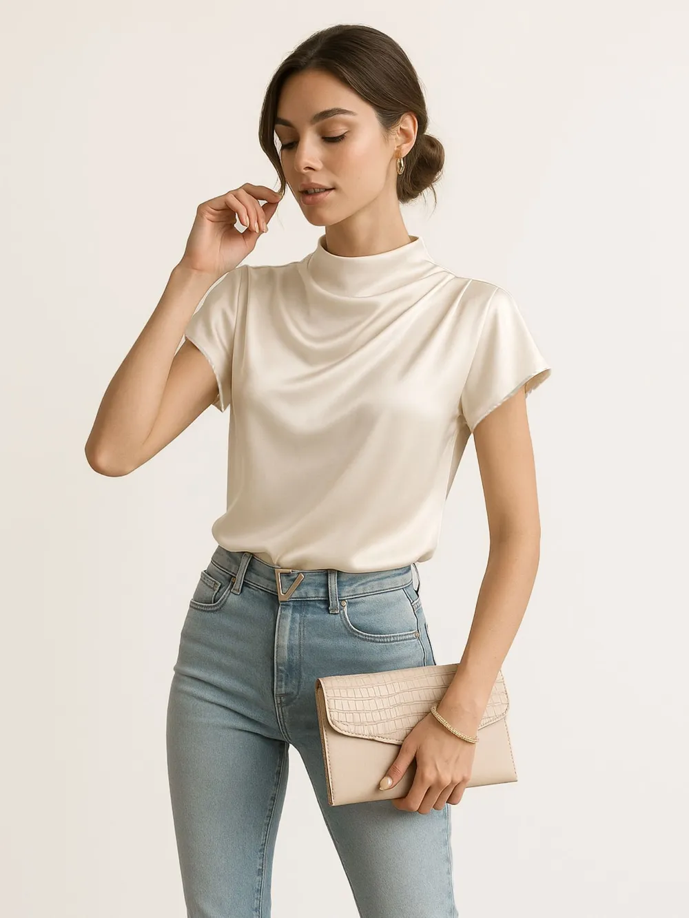 Mock Neck Short Sleeve Satin Blouse, image 2