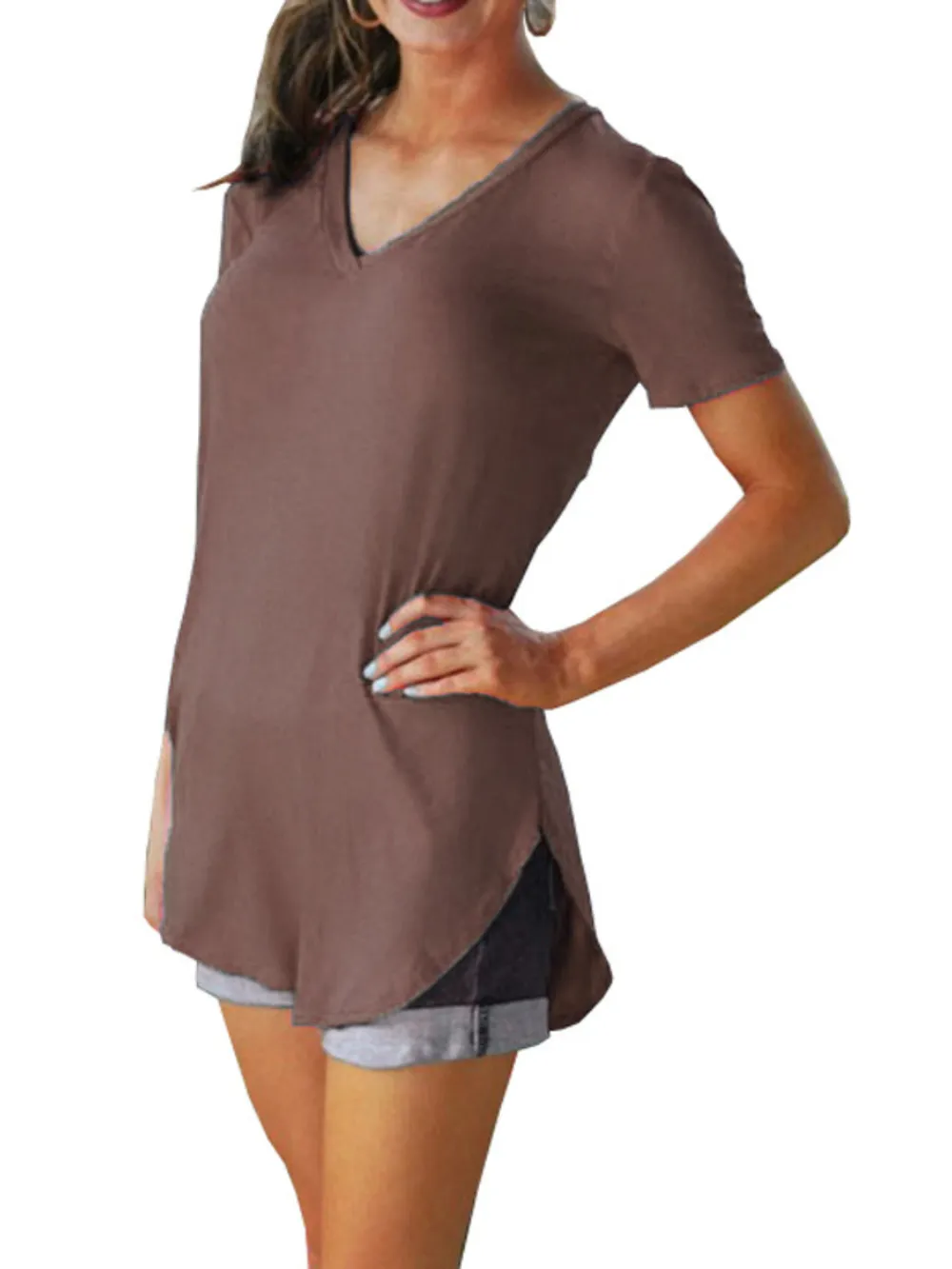 Full Size Solid V-Neck Short Sleeve T-Shirt Plus Size, image 24