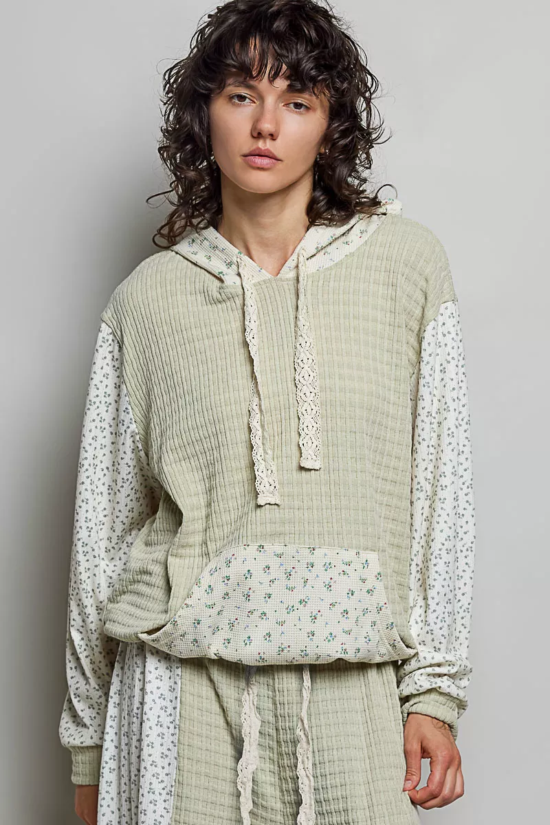 POL Mixed Knit Contrast Print Sleeve Hoodie with Kangaroo Pocket