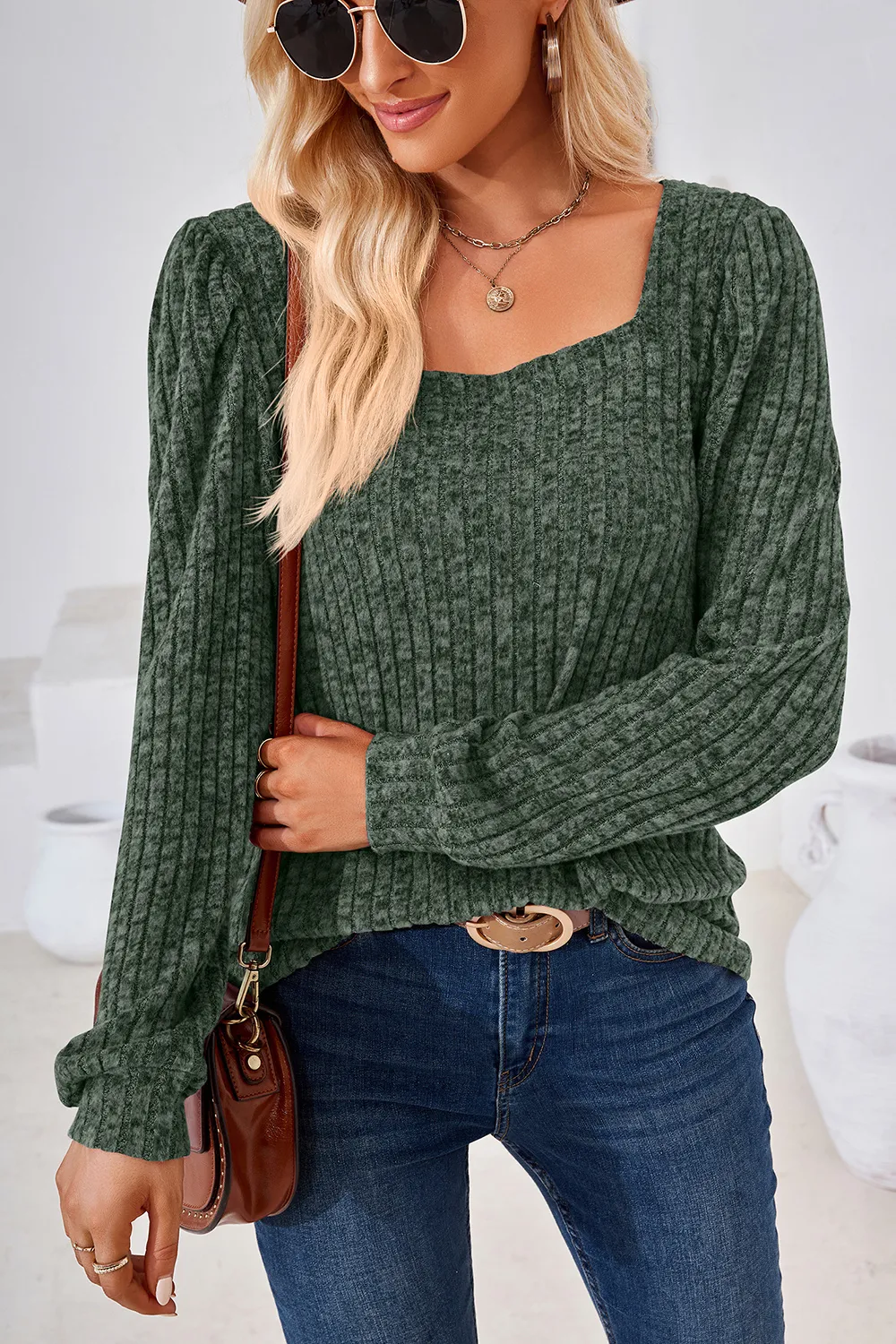 Ribbed Square Neck Long Sleeve T-Shirt, image 5