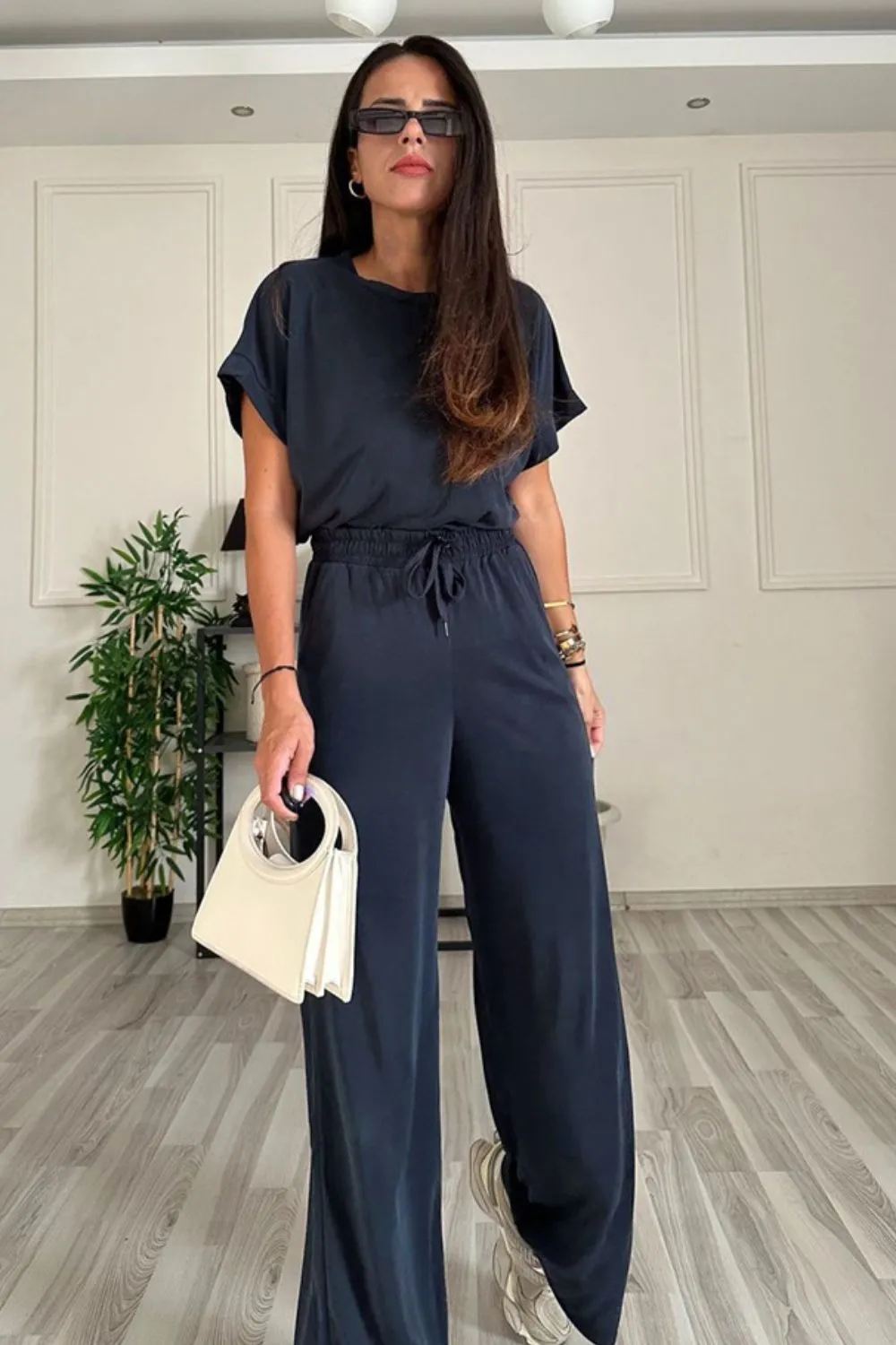 Round Neck Short Sleeve Top and Drawstring Pants Set, image 11