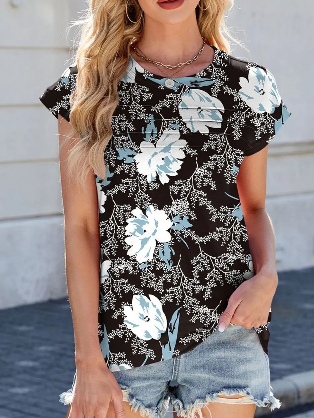 Printed Round Neck Cap Sleeve Top, image 20
