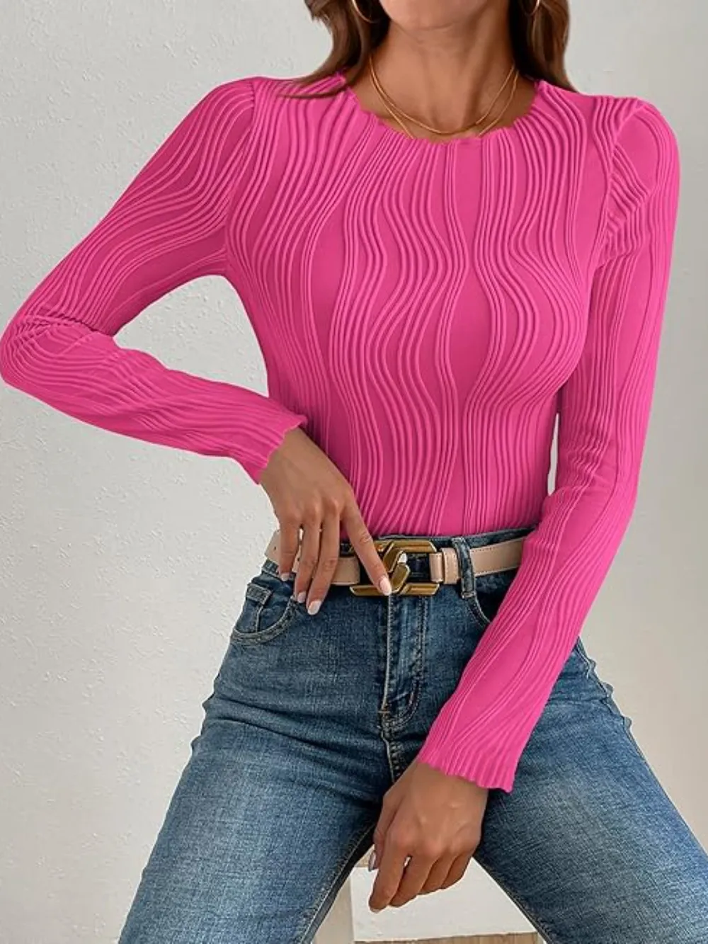 Textured Round Neck Long Sleeve Top, image 3