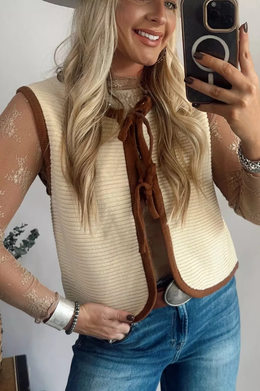 Contrast Trim Tie-Front Sweater Vest, image 6