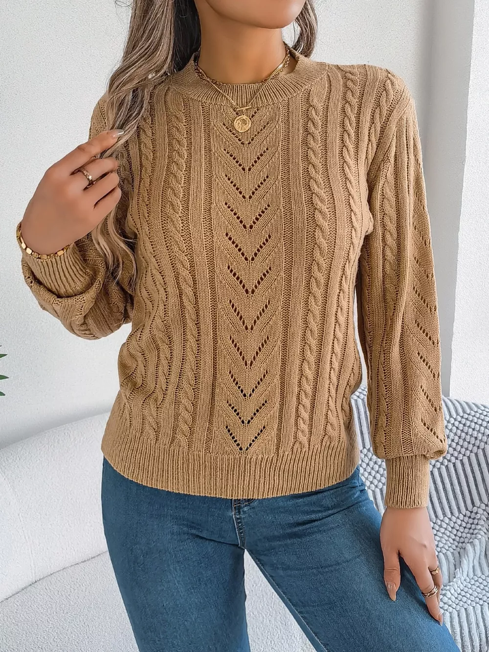 Cable-Knit Round Neck Sweater, image 10