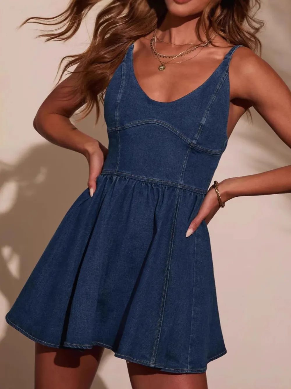 Smocked Back Adjustable Strap Denim Mini Dress
