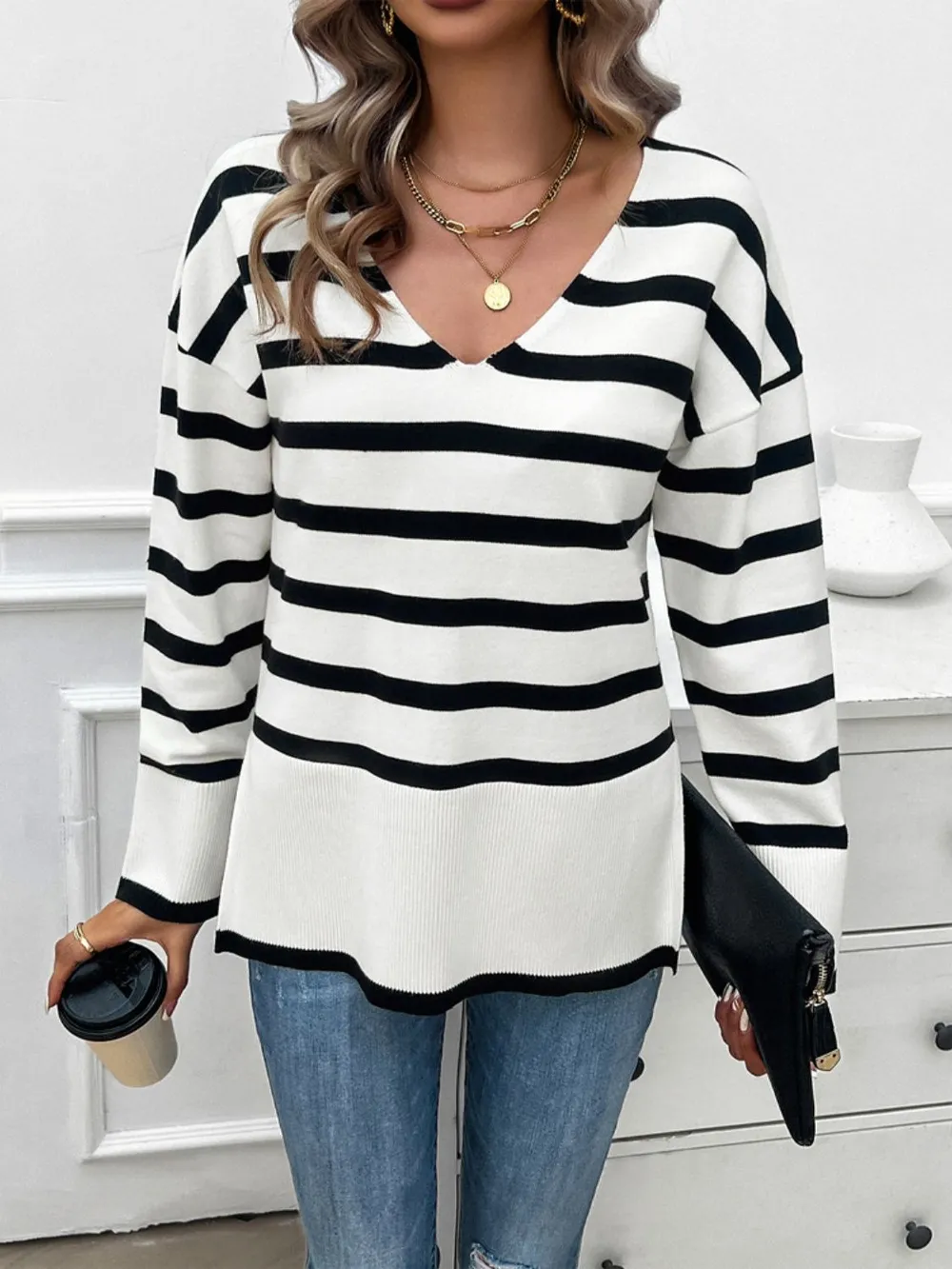 Striped V-Neck Long Sleeve Knit Top, image 5