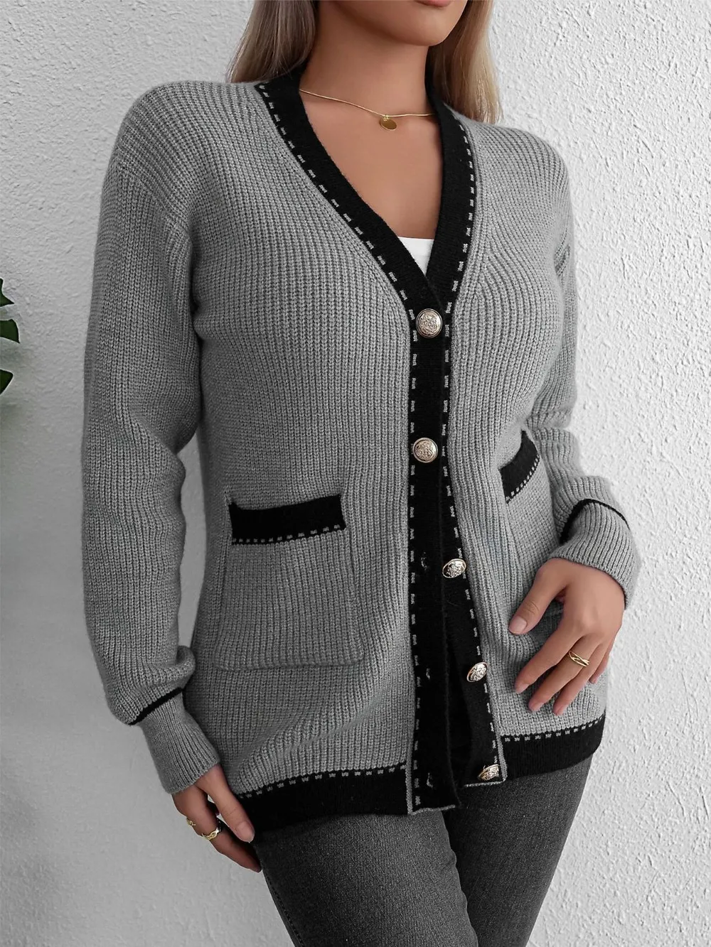 Contrast Trim Button Up Long Sleeve Cardigan, image 6