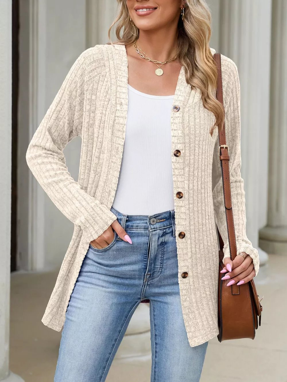 Ribbed Knit Hooded Button-Down Cardigan, image 12
