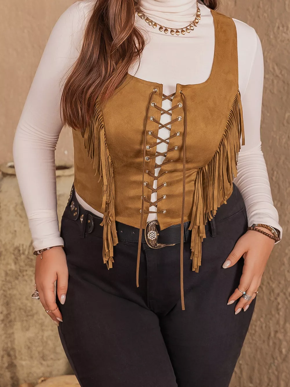 Plus Size Fringed Lace-Up Suede Vest, image 6