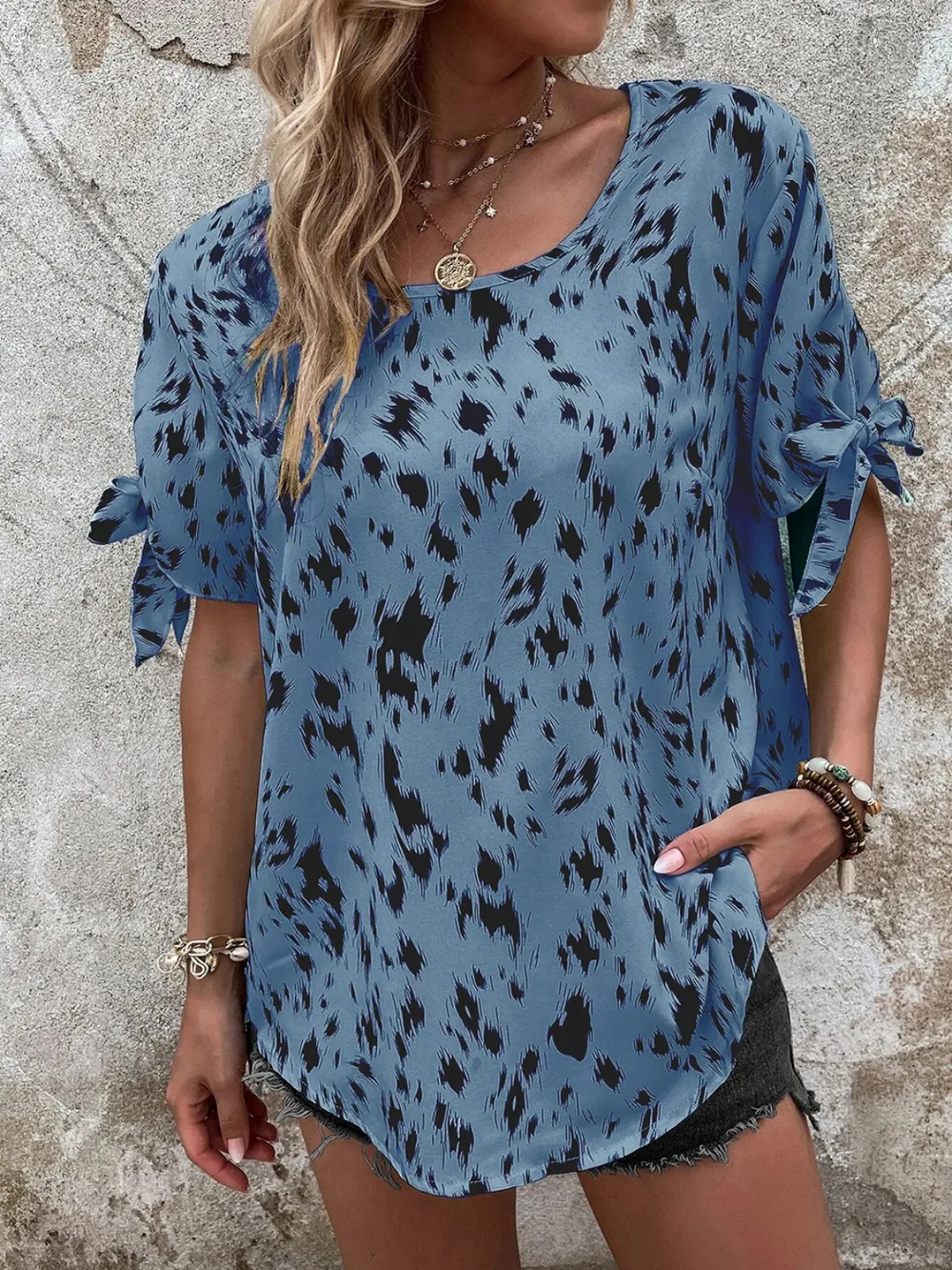 Tied Printed Boat Neck Blouse, image 11