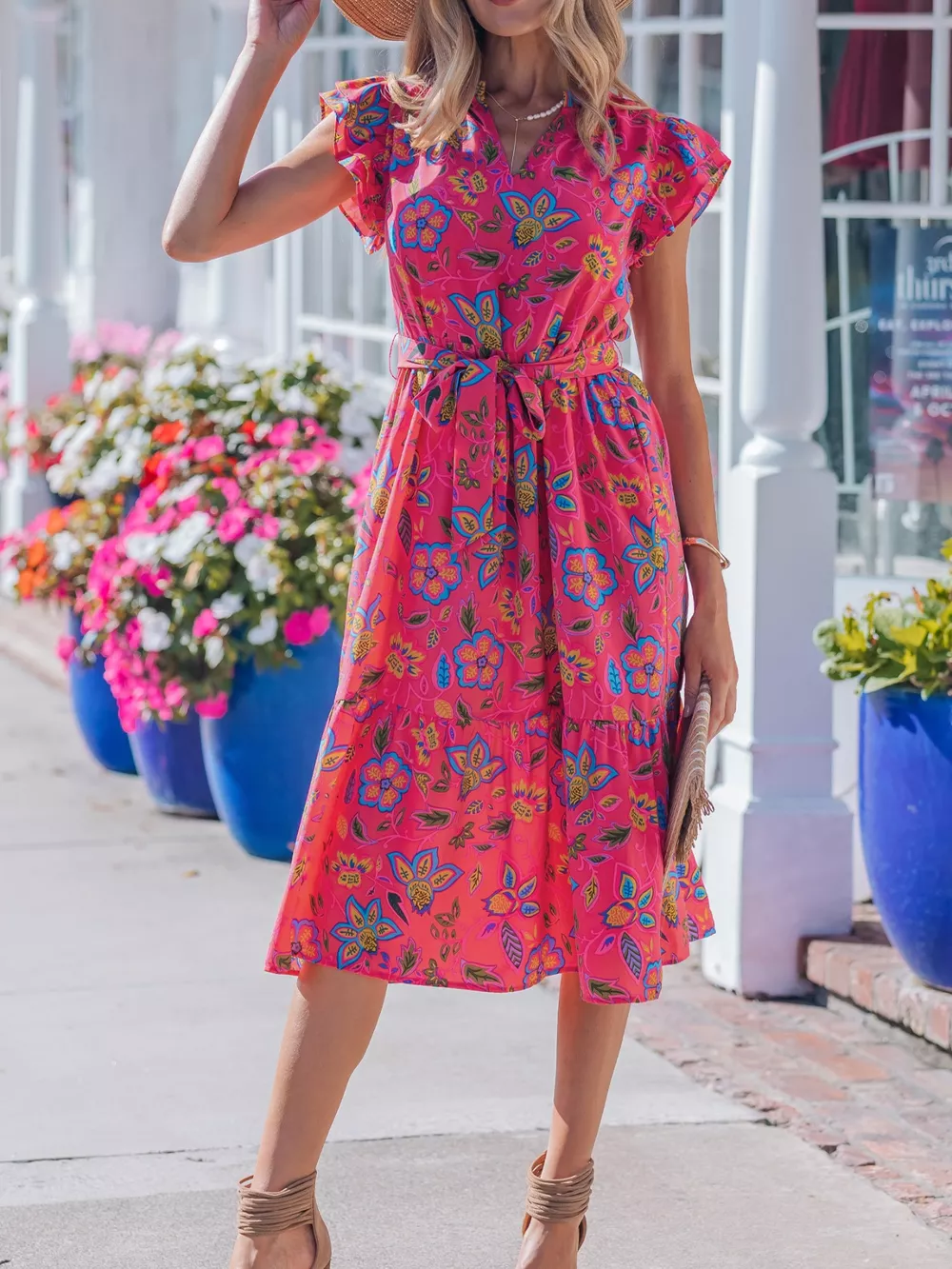 Flutter Sleeve Belted Floral Dress, image 6