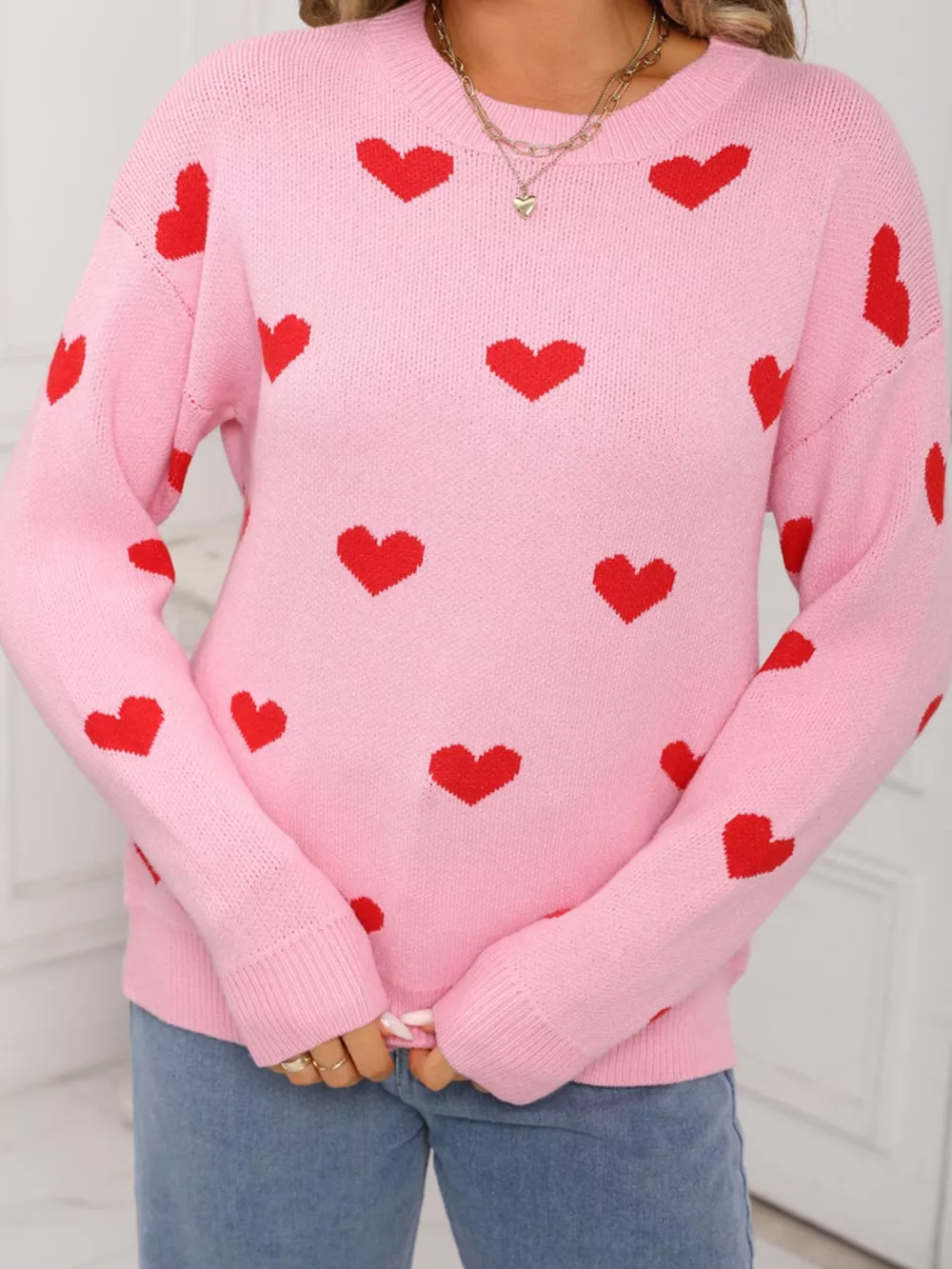 Valentine's Day Heart Pattern Dropped Shoulder Sweater, image 7