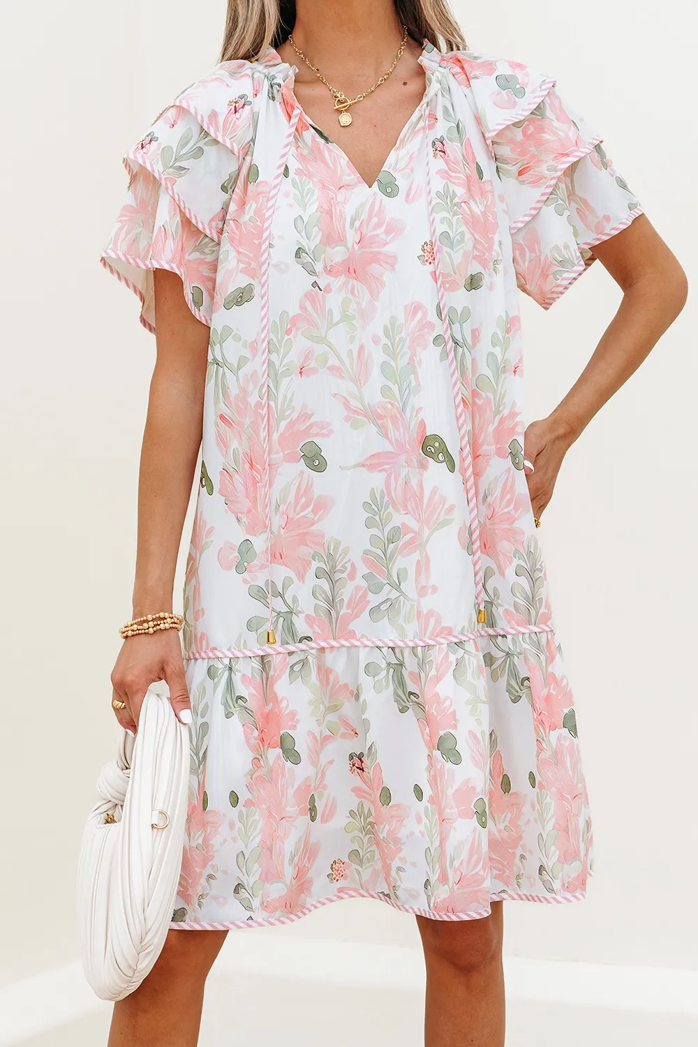 Floral Contrast Edge Layered Short Sleeve Mini Dress, image 15