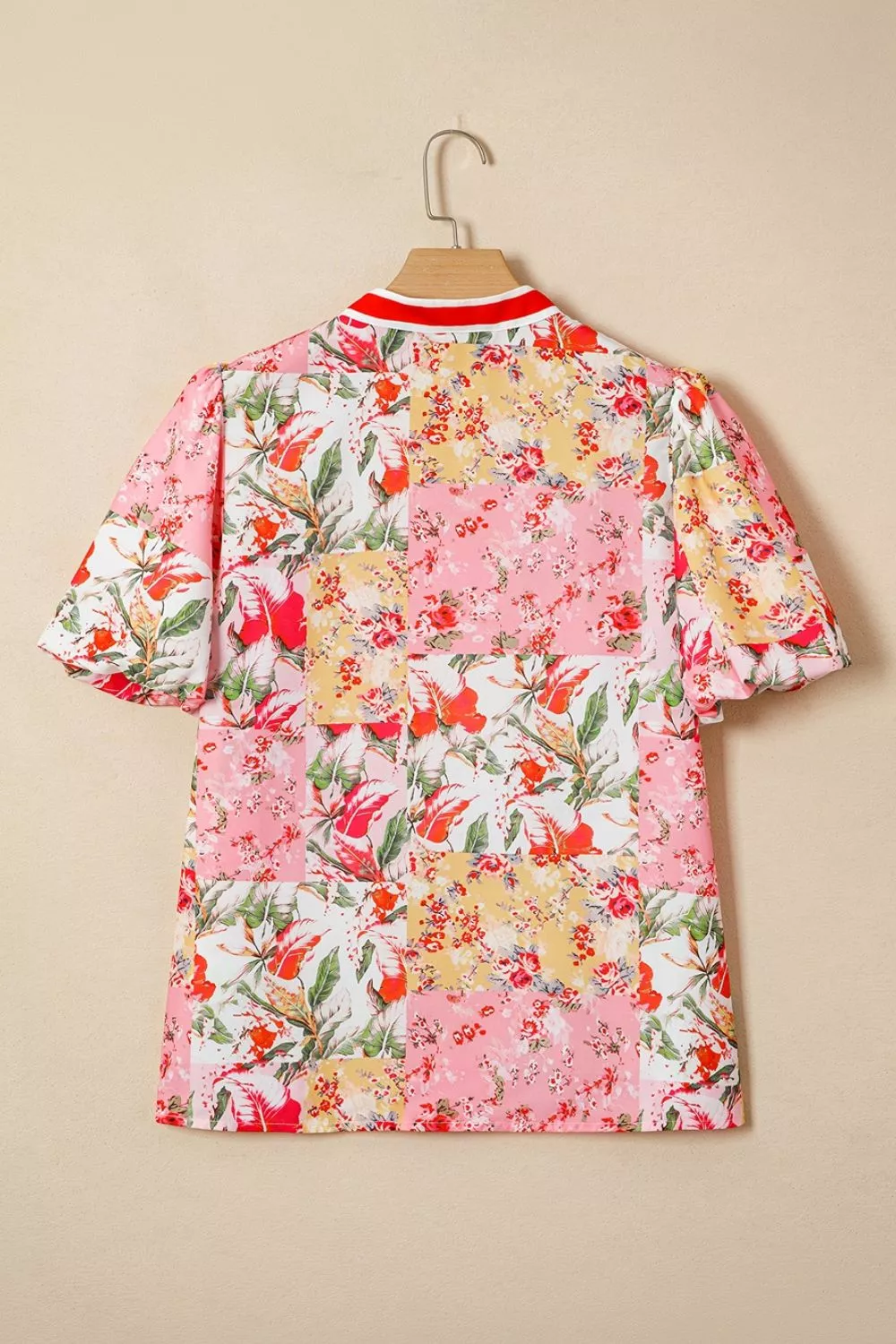 Contrast Collared V Neck Short Sleeve Floral Blouse, image 6