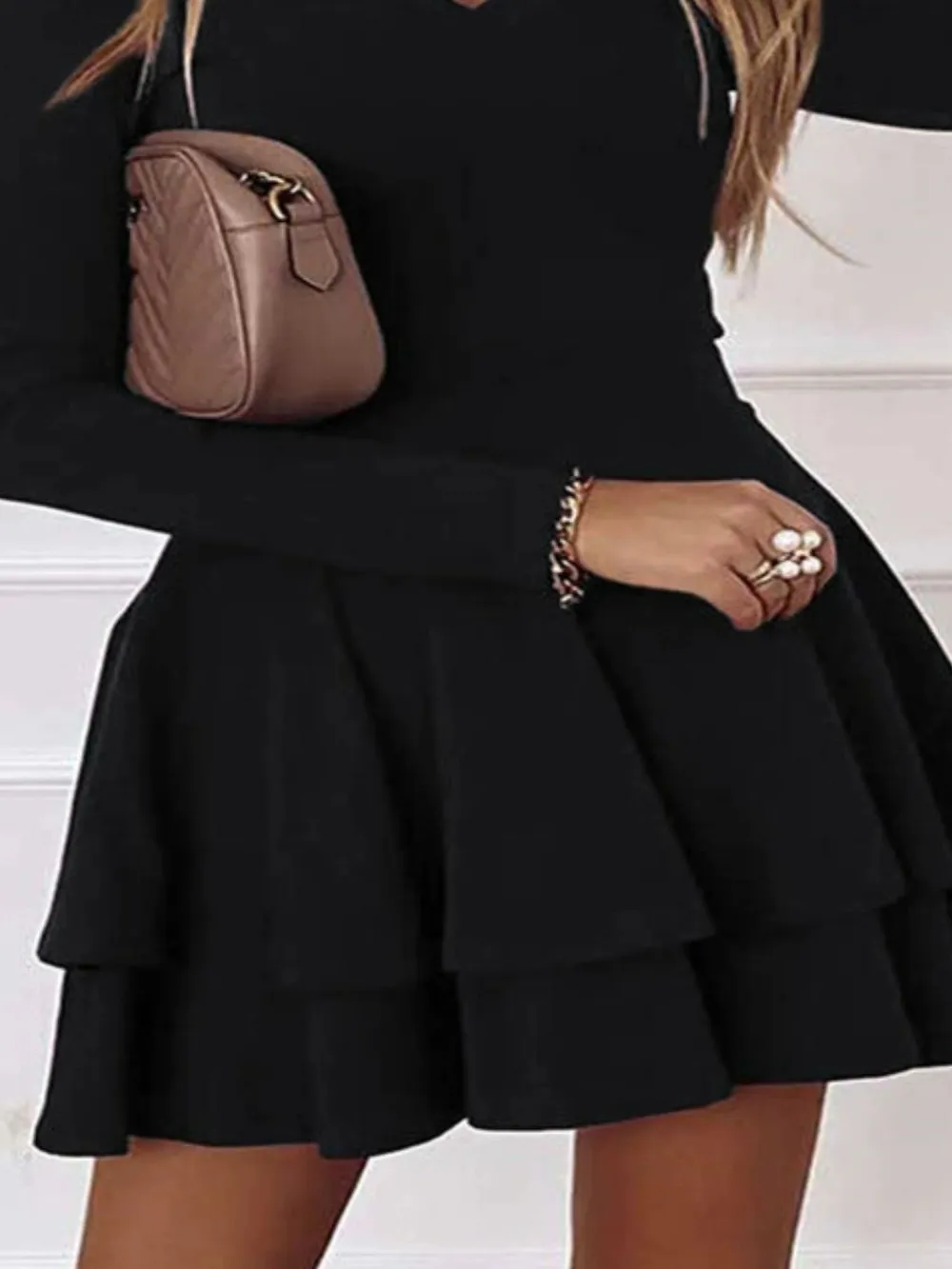 Plus Size Layered V-Neck Long Sleeve Mini Dress, image 3