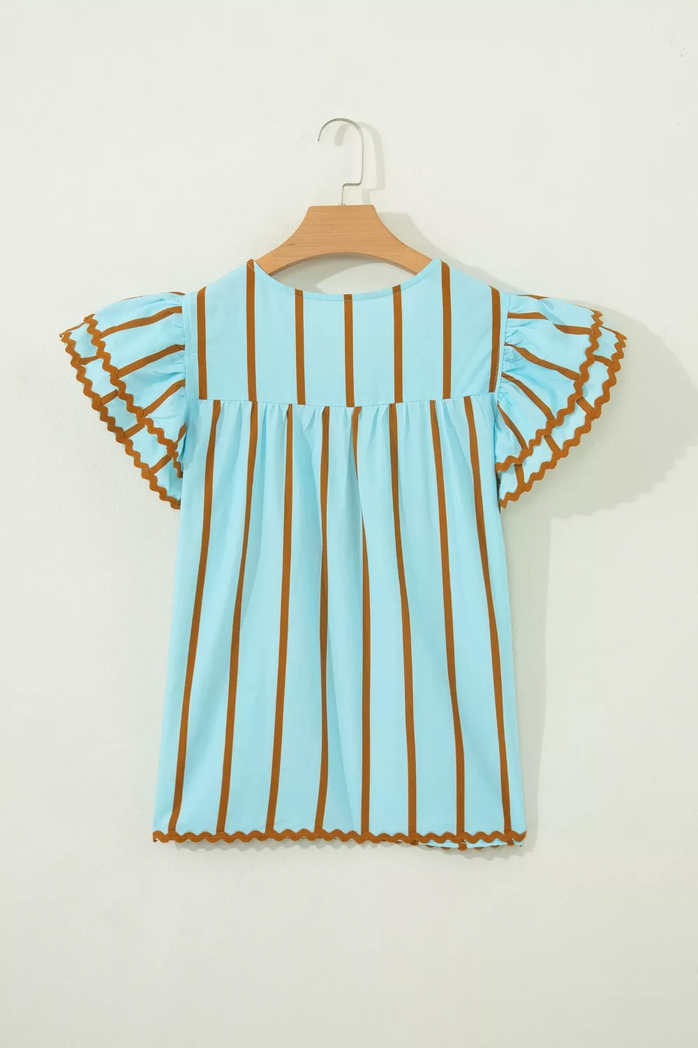 Stripe Ricrac Trim Double Ruffled Short Sleeve V Neck Blouse, image 5