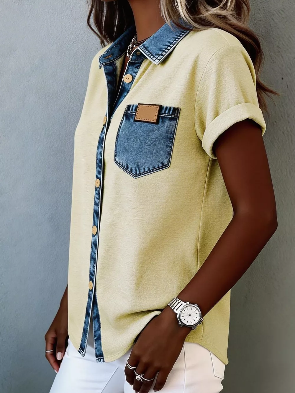 Denim Trim Short Sleeve Shirt, image 11