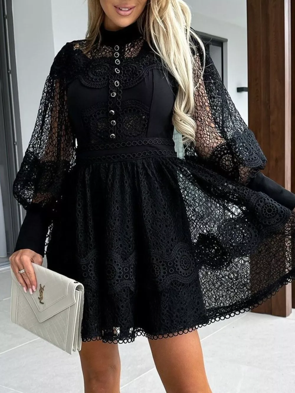 Lace Lantern Sleeve Mini Dress, image 10