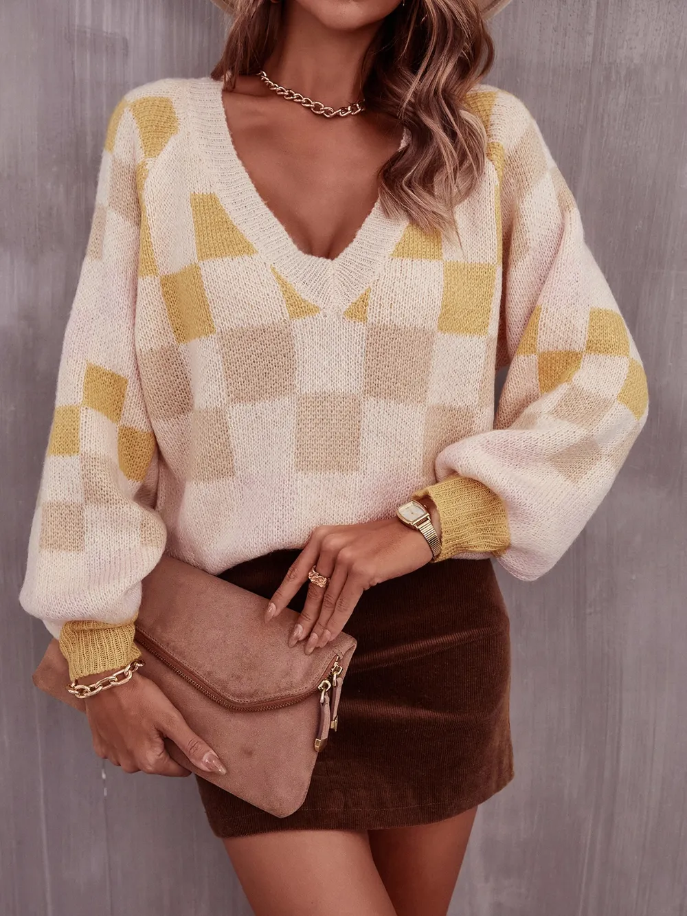 Checkered V-Neck Lantern Sleeve Sweater, image 4