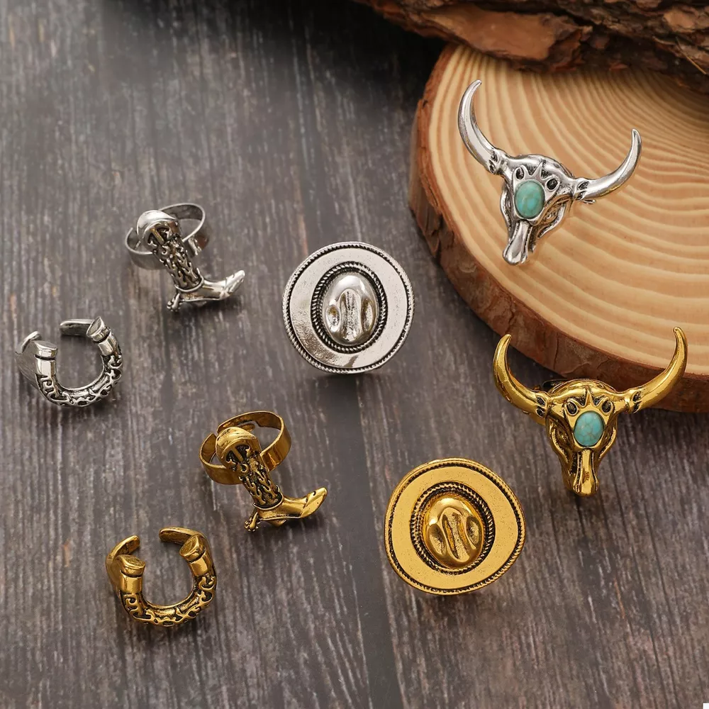 4 Piece Vintage Western Style Bull Head Rings, image 10