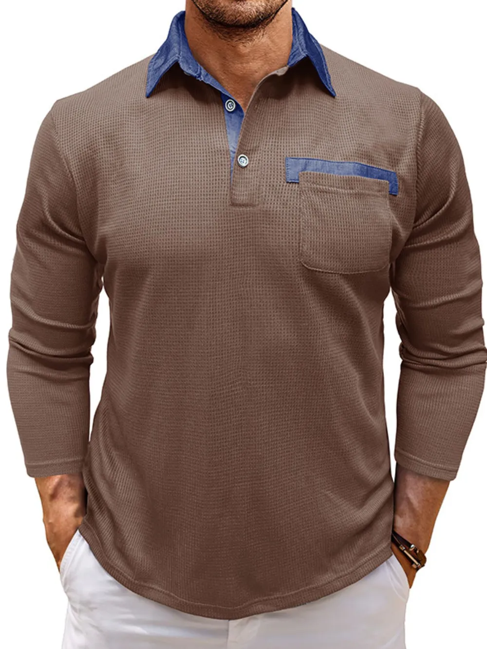 Men's Contrast Collar Long Sleeve Casual Polo Shirt, image 11