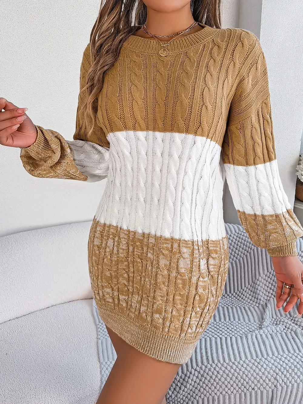 Cable-Knit Round Neck Color Block Sweater Dress, image 10