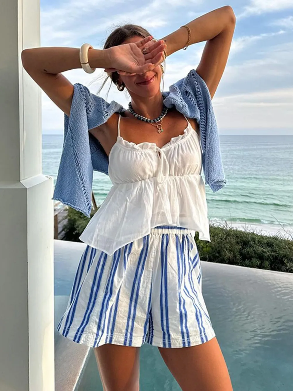 Striped High-Waist Linen Blend Summer Shorts, image 5