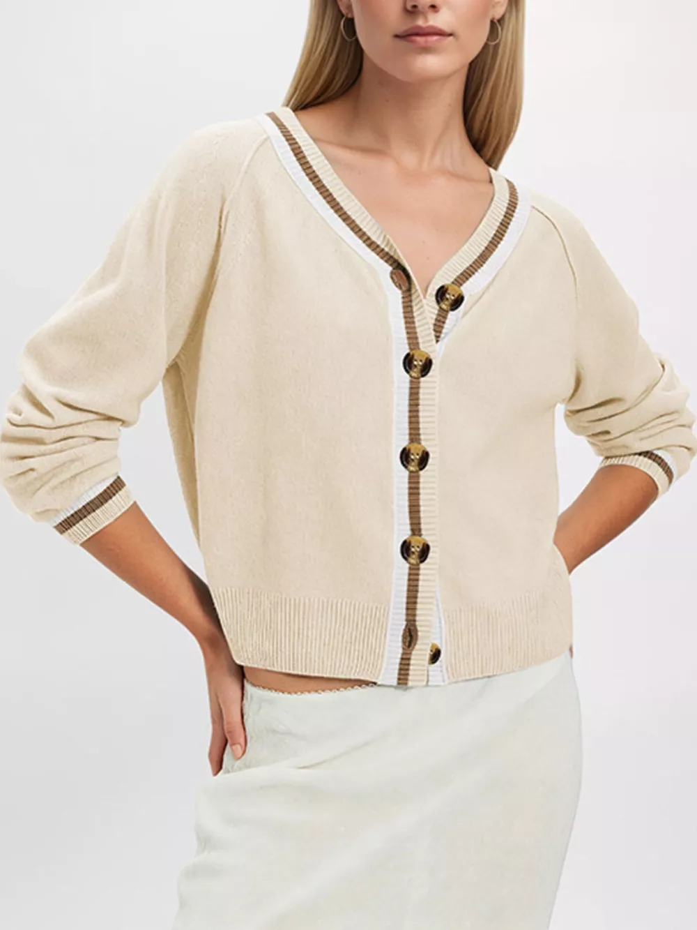 Striped Trim Button-Down Cardigan, image 2