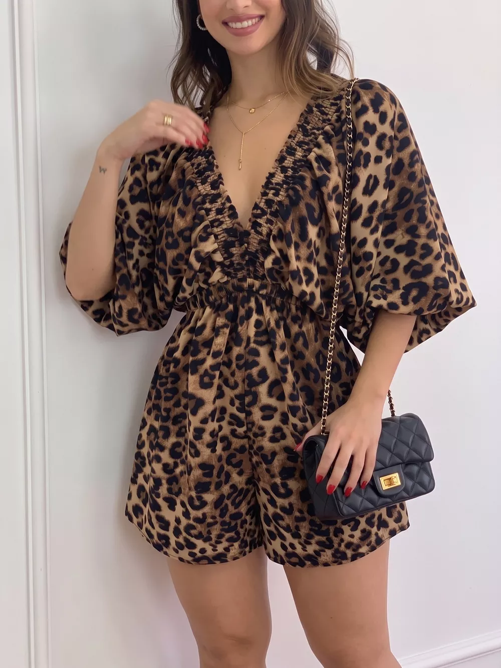 V-Neck Leopard Print Puff Sleeve Romper, image 4